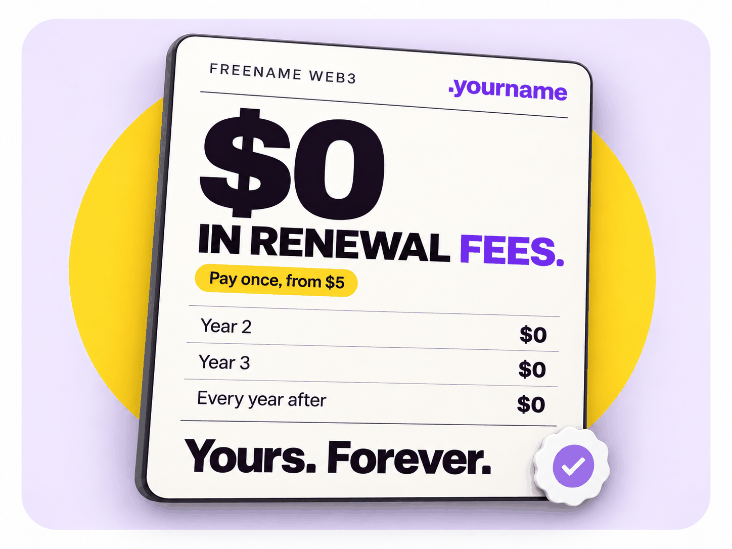 Freename Web3: pay once from $5, with $0 in renewal fees in year two, year three and every year after. Yours forever.